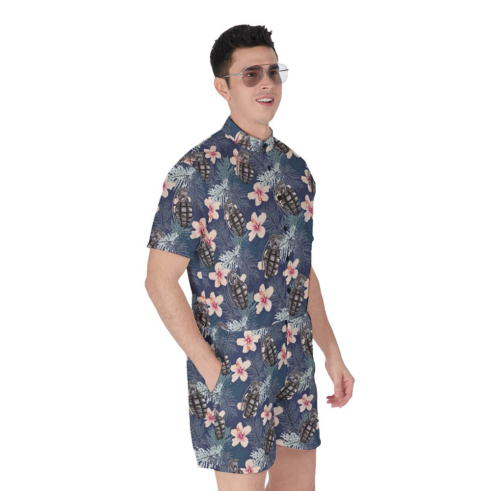 Cool Tactical Grenade Floral Hawaiian Romper For Men