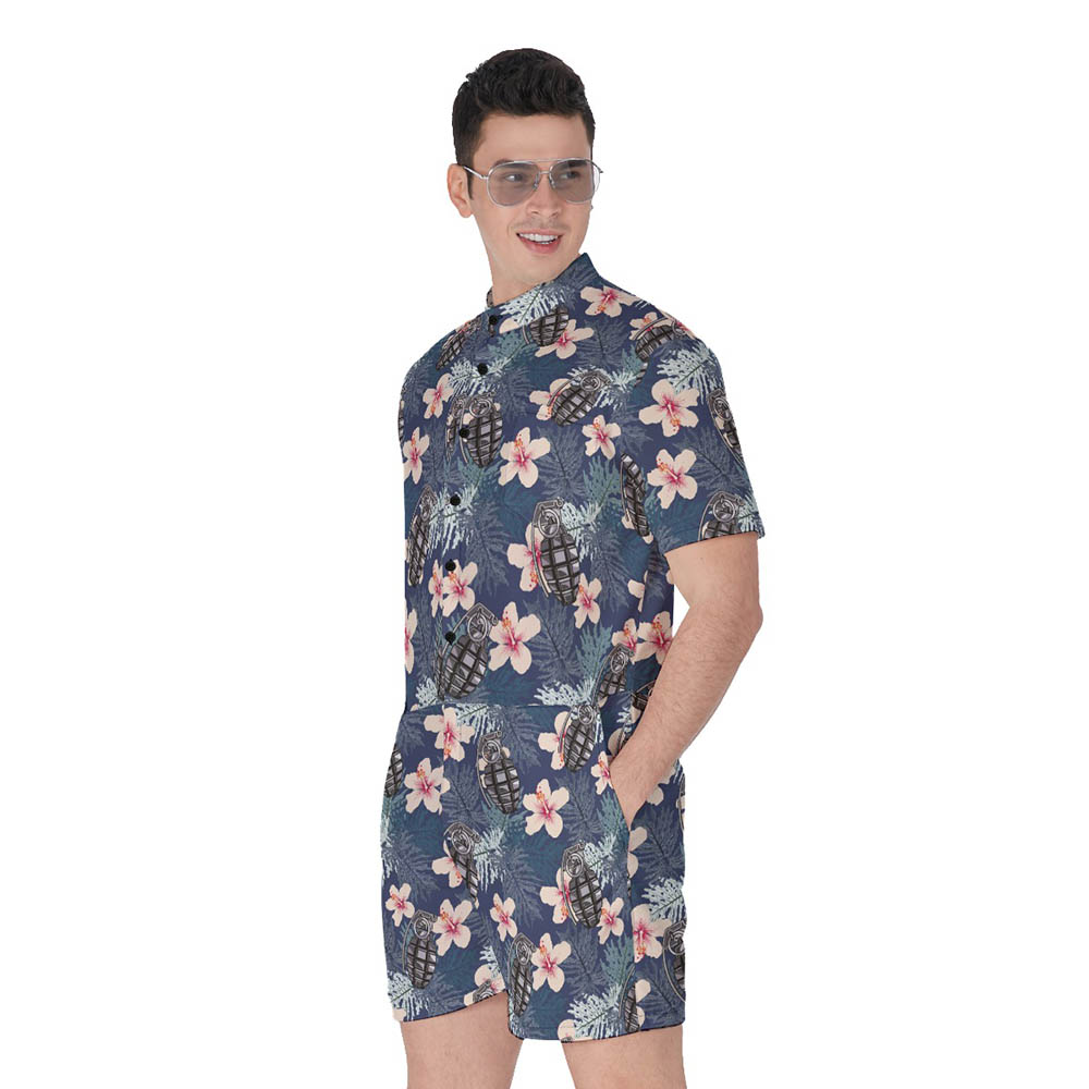Cool Tactical Grenade Floral Hawaiian Romper For Men