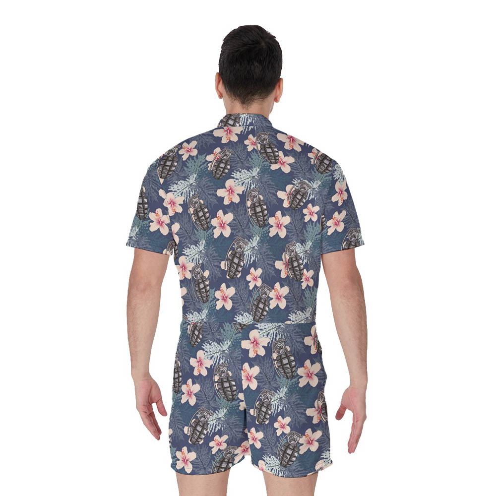 Cool Tactical Grenade Floral Hawaiian Romper For Men