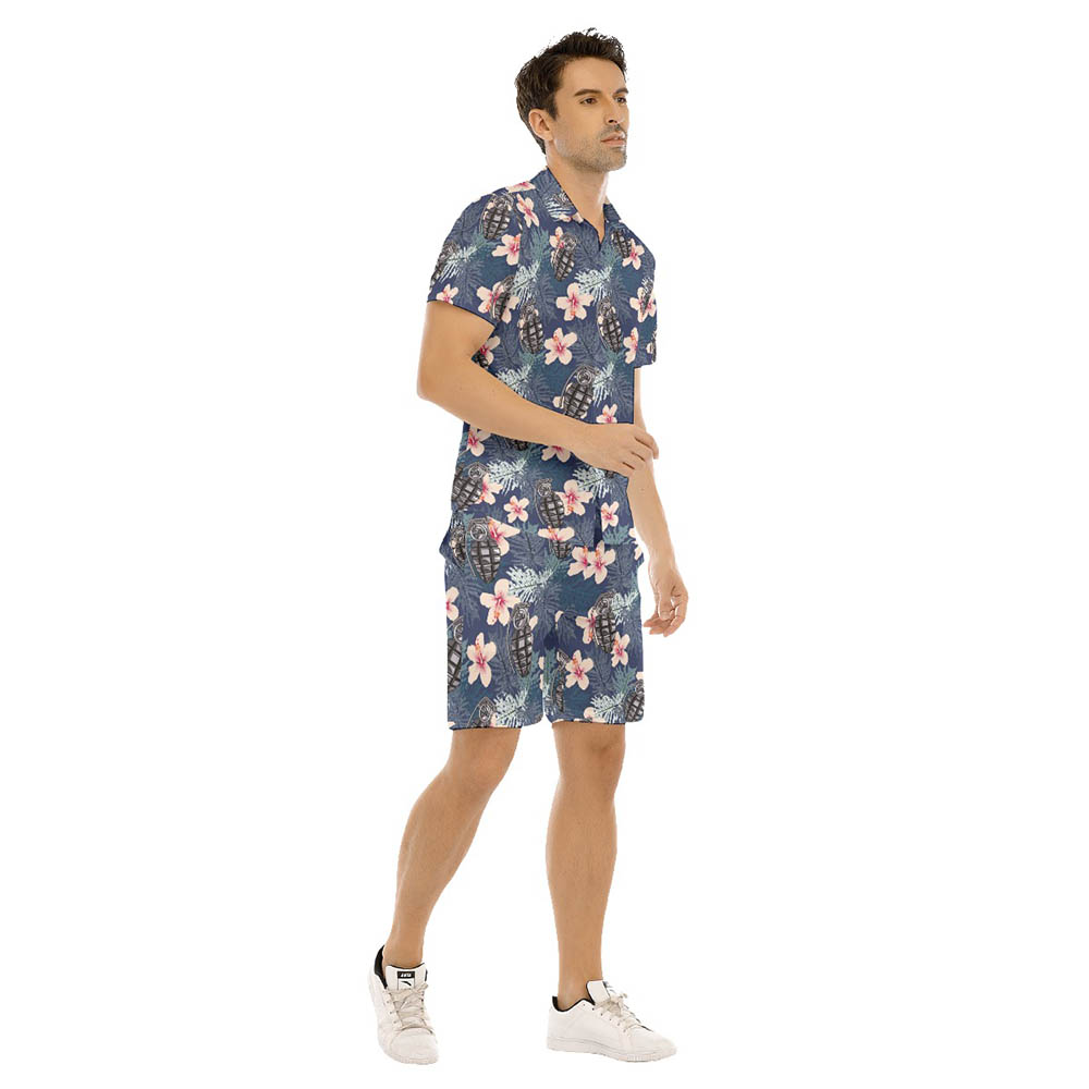 Set Tactical Grenade Hibiscus Hawaiian Shirt And Matching Shorts For Men