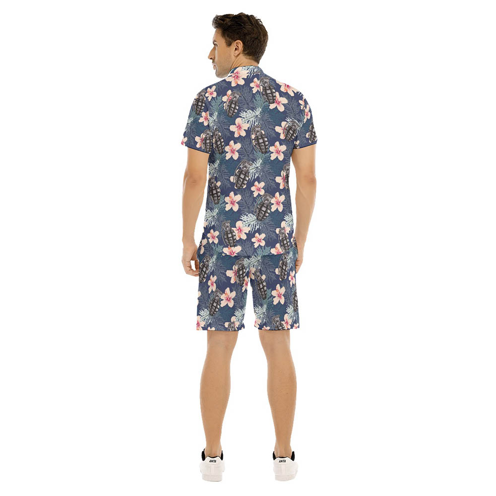 Set Tactical Grenade Hibiscus Hawaiian Shirt And Matching Shorts For Men
