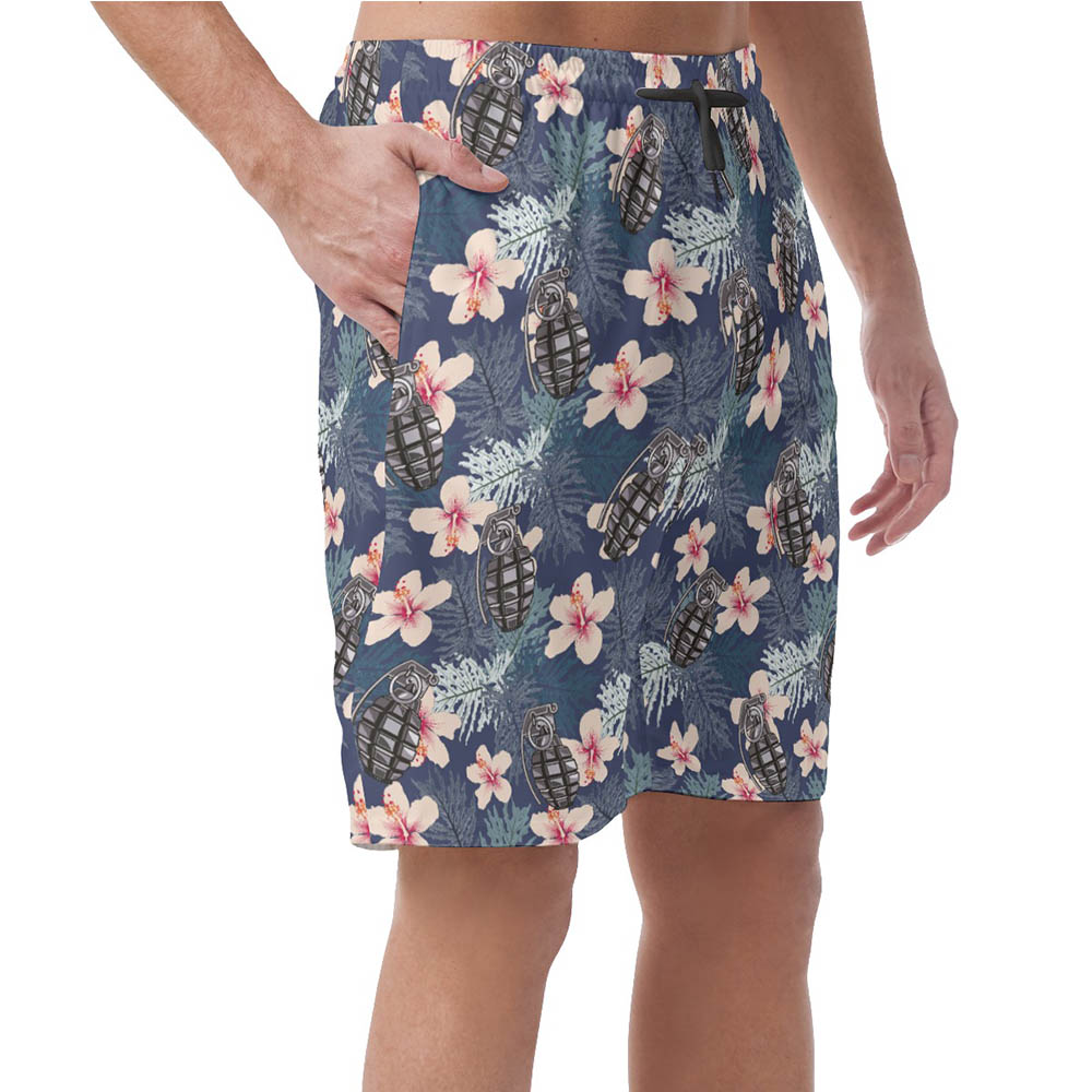 Hibiscus Tactical Grenade Hawaiian Beach Shorts For Men