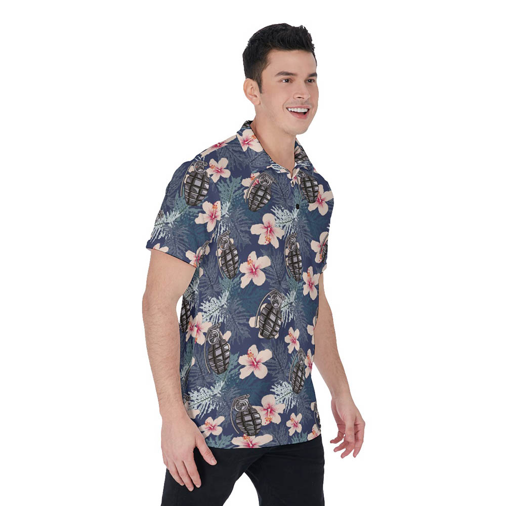 Cool Tactical Grenade Hibiscus Hawaiian Polo Golf Shirt For Men