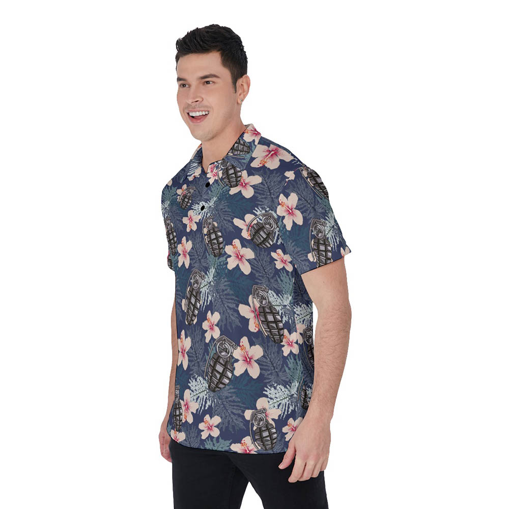 Cool Tactical Grenade Hibiscus Hawaiian Polo Golf Shirt For Men