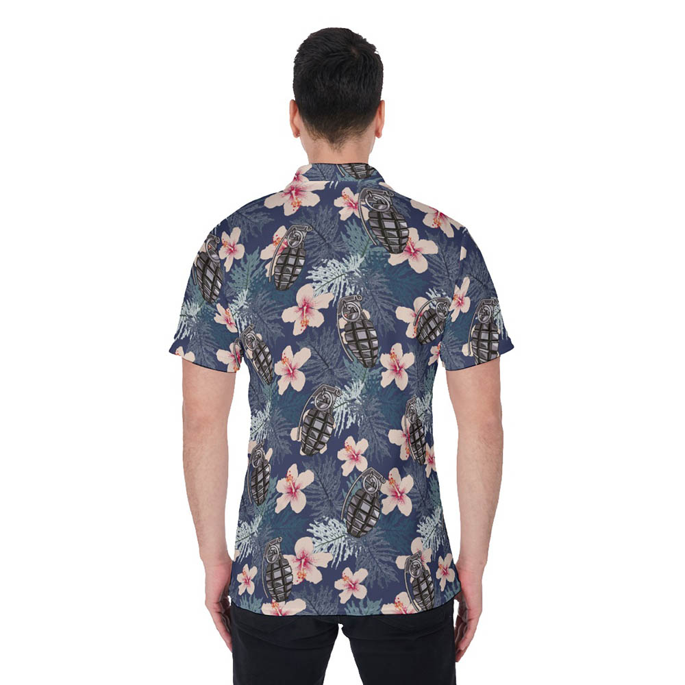 Cool Tactical Grenade Hibiscus Hawaiian Polo Golf Shirt For Men