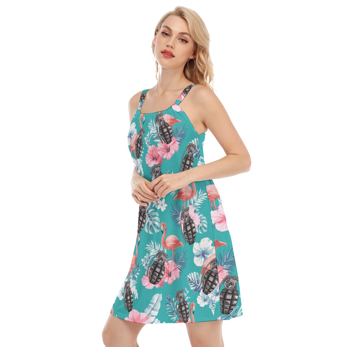 Tropical Flamingo Tactical Blue Hawaiian Cami Dress For Women