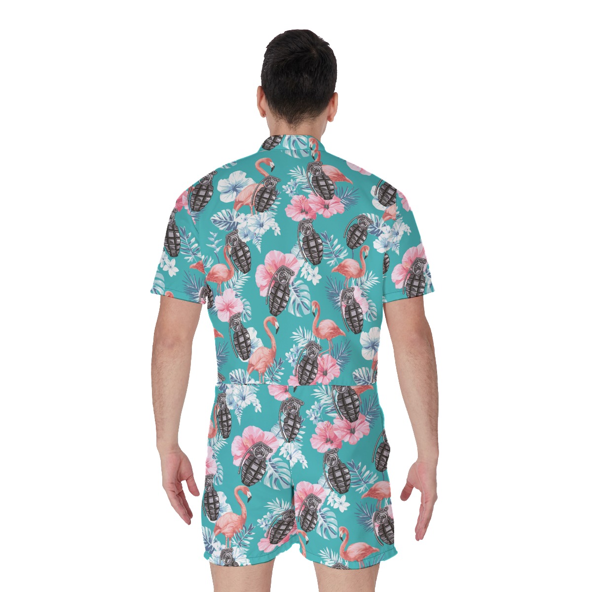 Floral Flamingo Tactical Grenade Blue Hawaiian Romper For Men