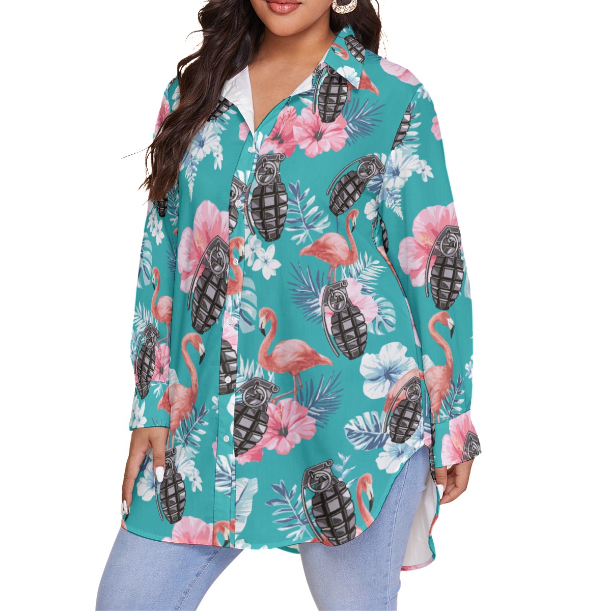Tactical Grenade Hibiscus Flamingo Blue Hawaiian Plus Size Shirt For Women
