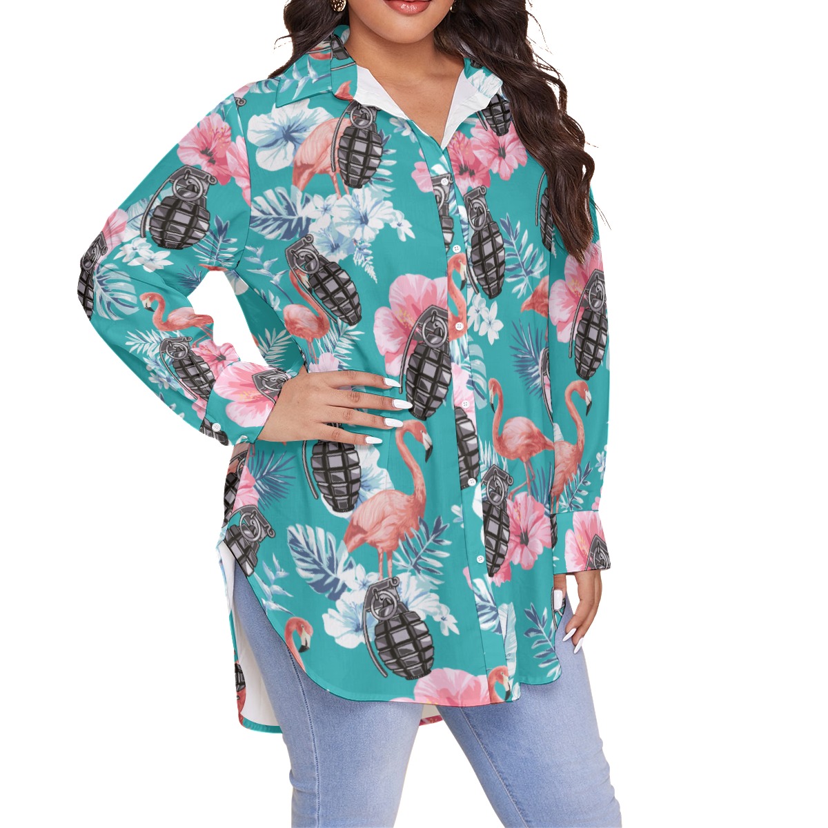 Tactical Grenade Hibiscus Flamingo Blue Hawaiian Plus Size Shirt For Women