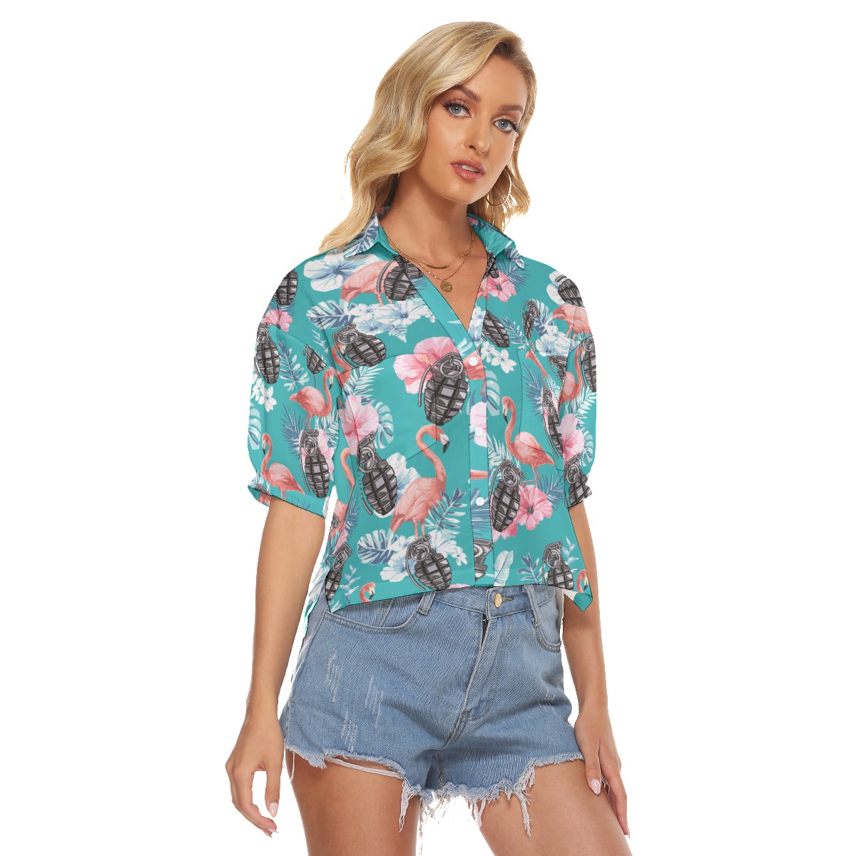 Cool Tactical Grenade Tropical Flamingo Hawaiian Cropped Shirt For Women