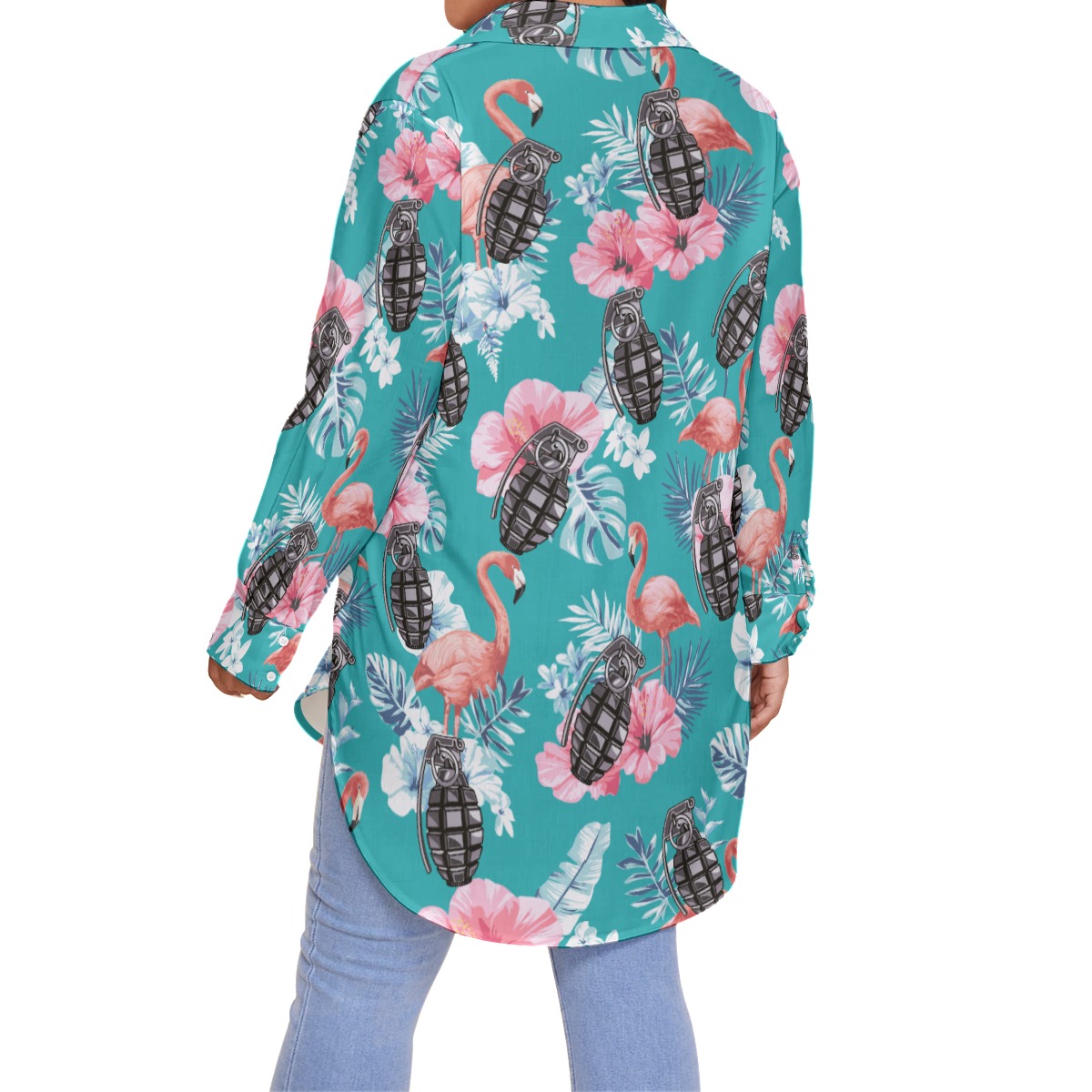 Tactical Grenade Hibiscus Flamingo Blue Hawaiian Plus Size Shirt For Women
