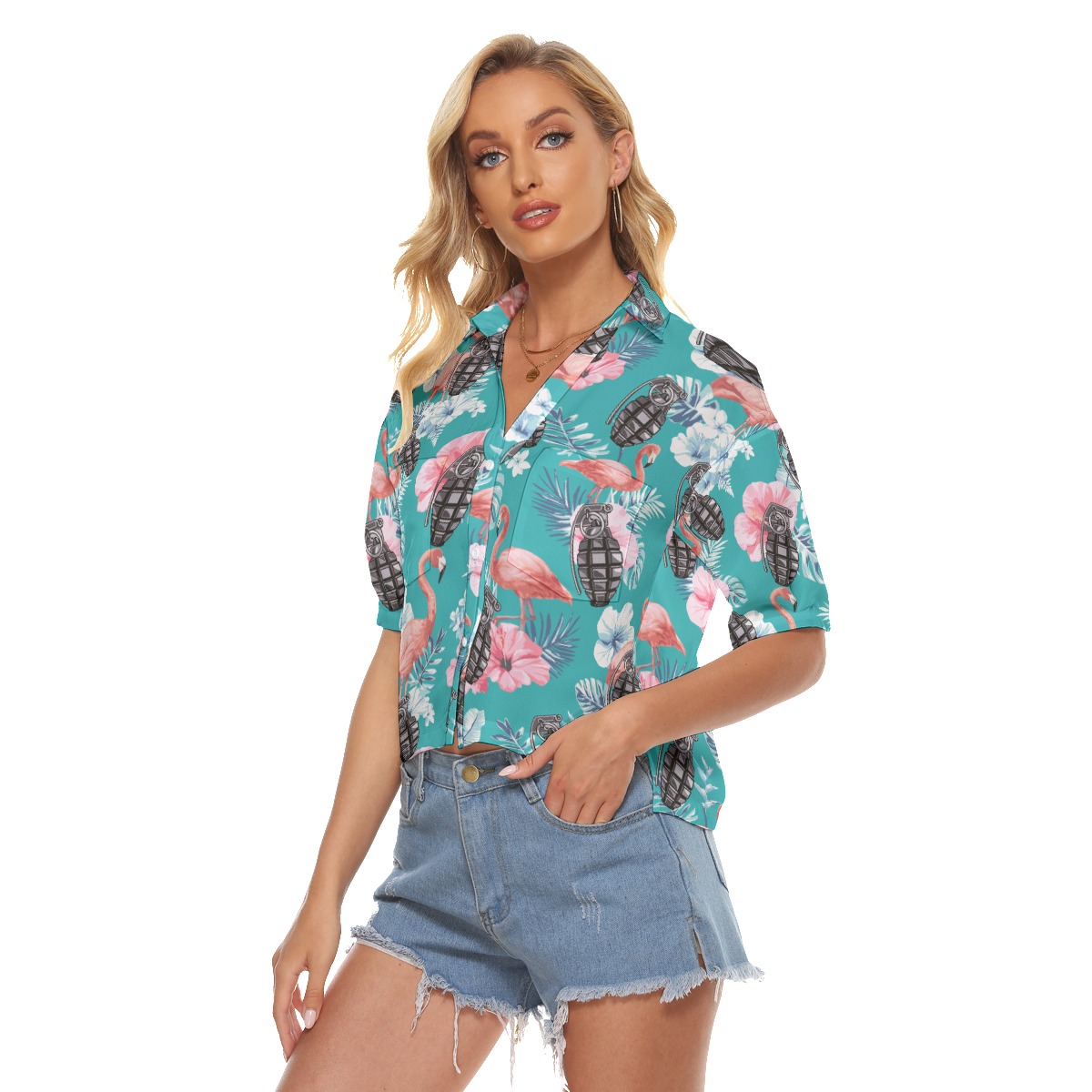 Cool Tactical Grenade Tropical Flamingo Hawaiian Cropped Shirt For Women