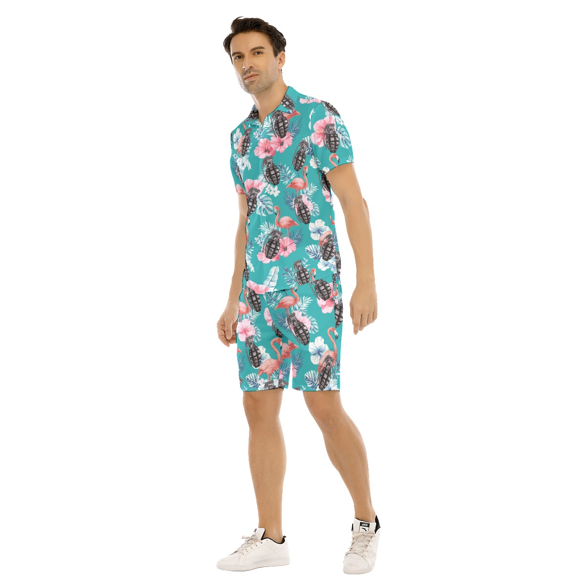 Set Grenade Tactical Hibiscus Flamingo Hawaiian Shirt And Shorts For Men