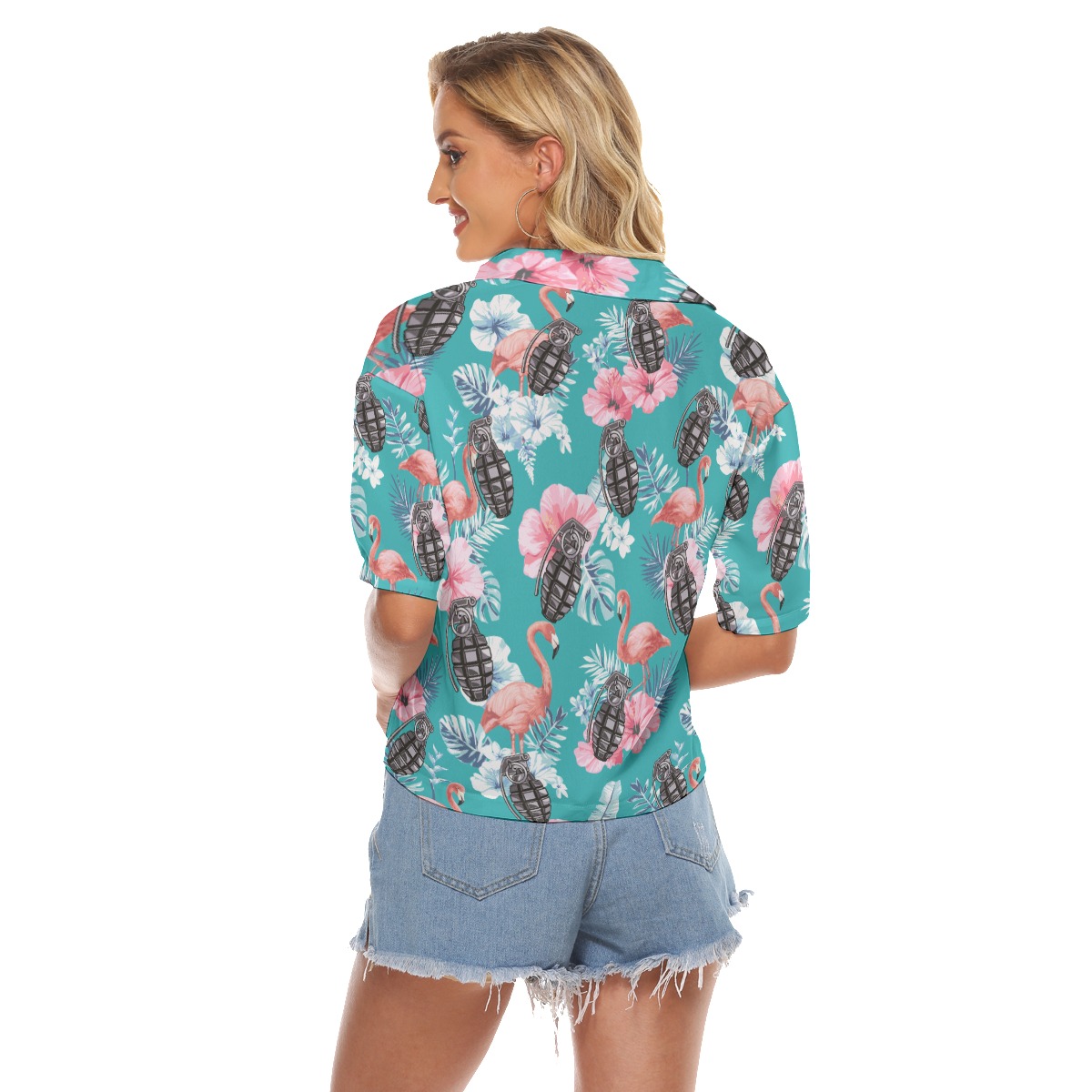 Cool Tactical Grenade Tropical Flamingo Hawaiian Cropped Shirt For Women