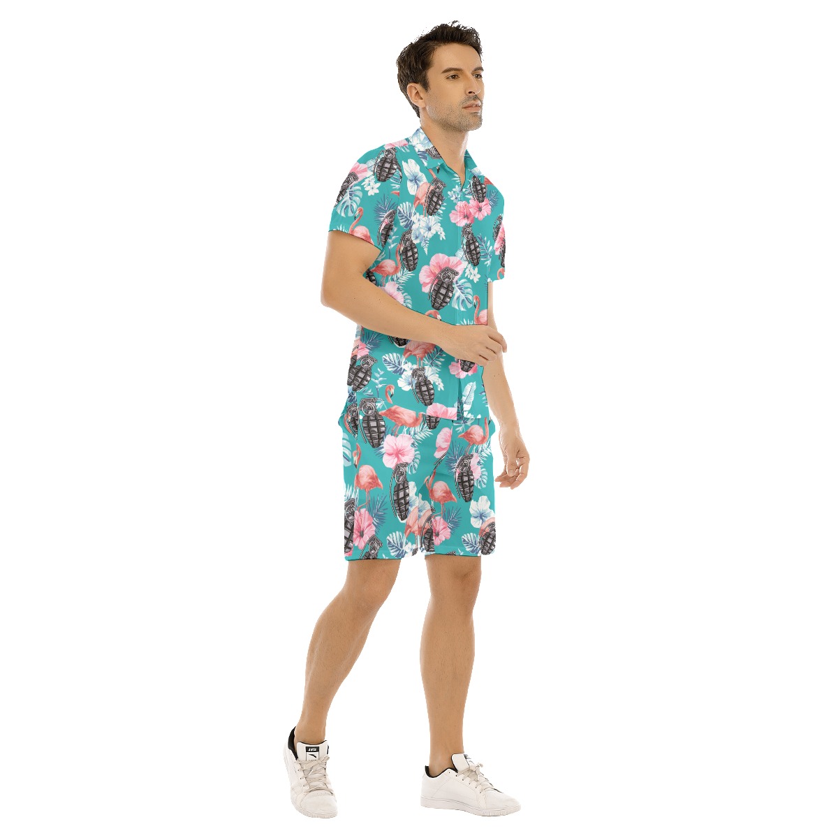Set Grenade Tactical Hibiscus Flamingo Hawaiian Shirt And Shorts For Men