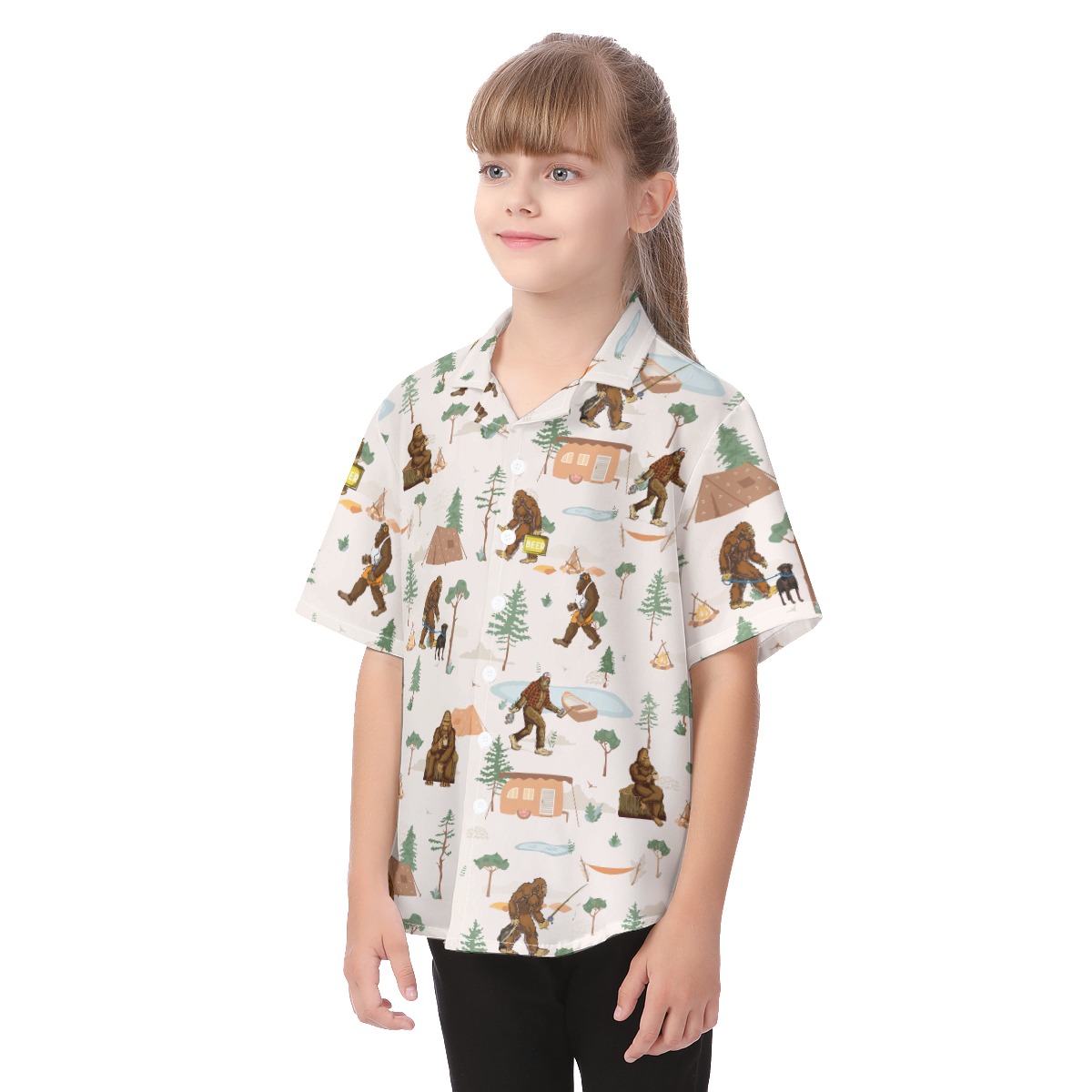 Funny Bigfoot Camping Button Up Shirt For Kids