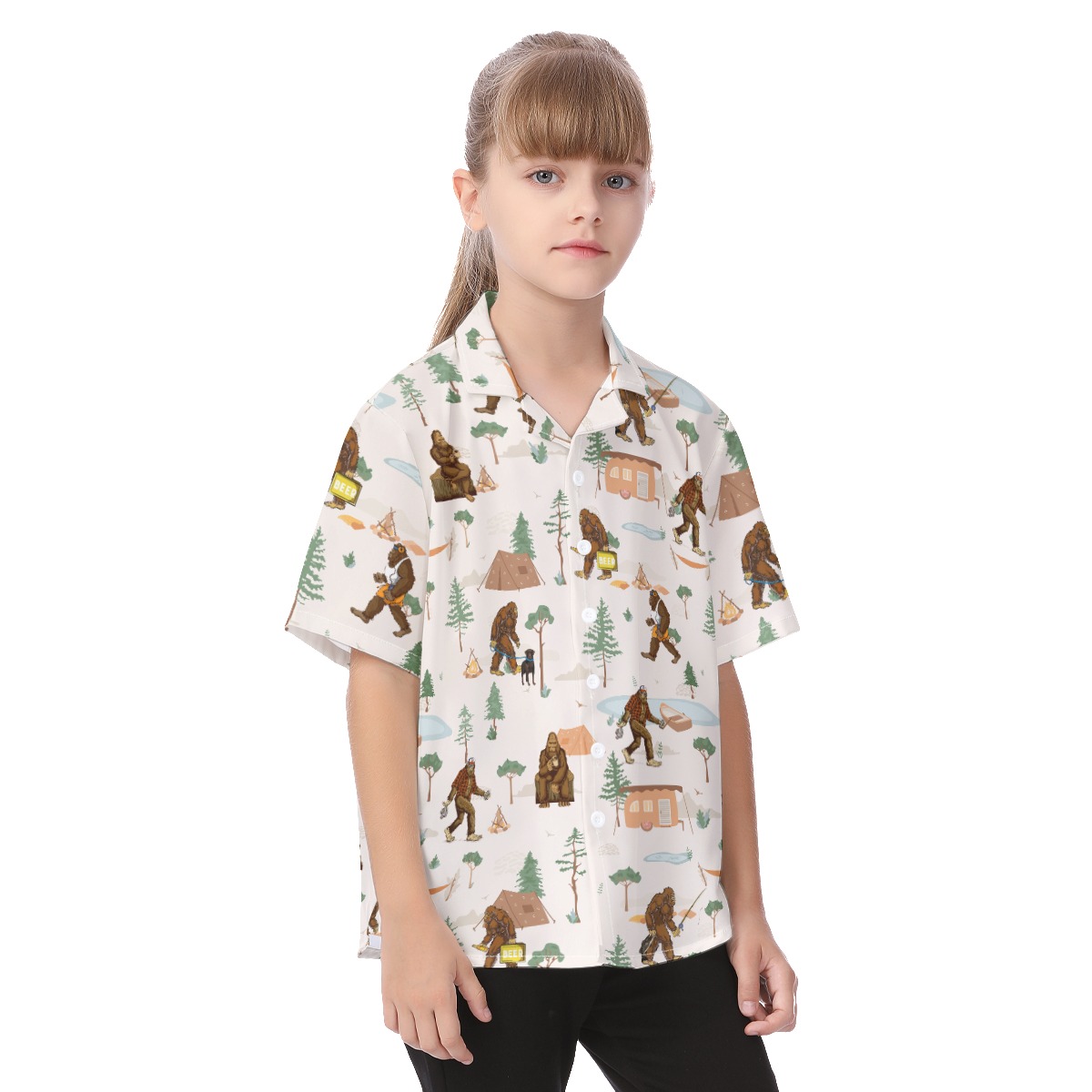 Funny Bigfoot Camping Button Up Shirt For Kids