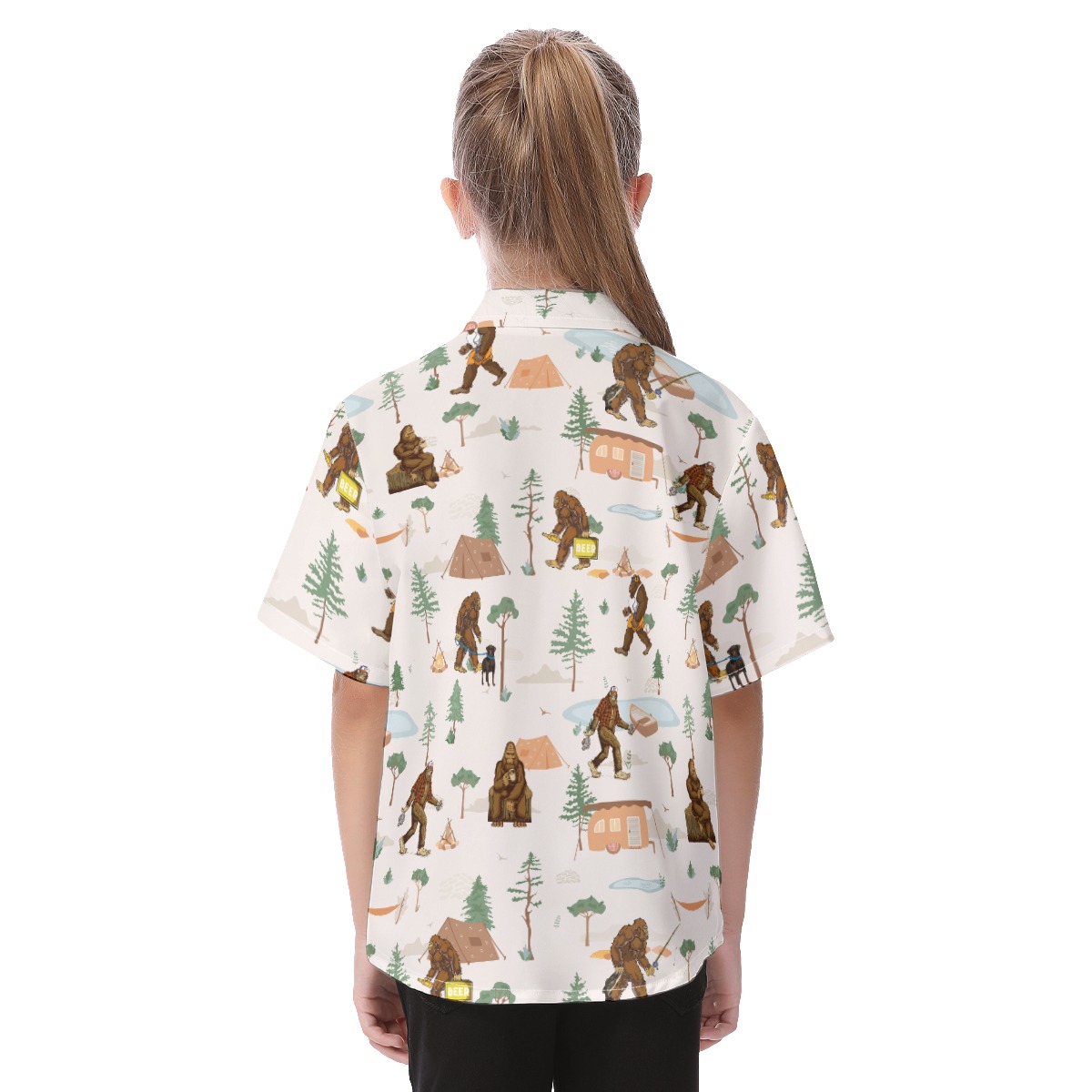 Funny Bigfoot Camping Button Up Shirt For Kids