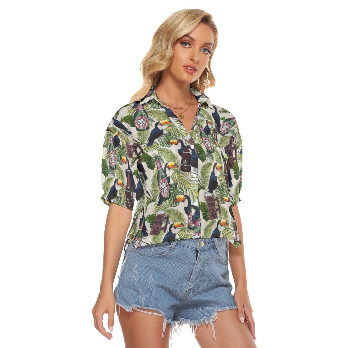Tropical Beer Toucan Vintage Hawaiian Cropped Shirt For Women