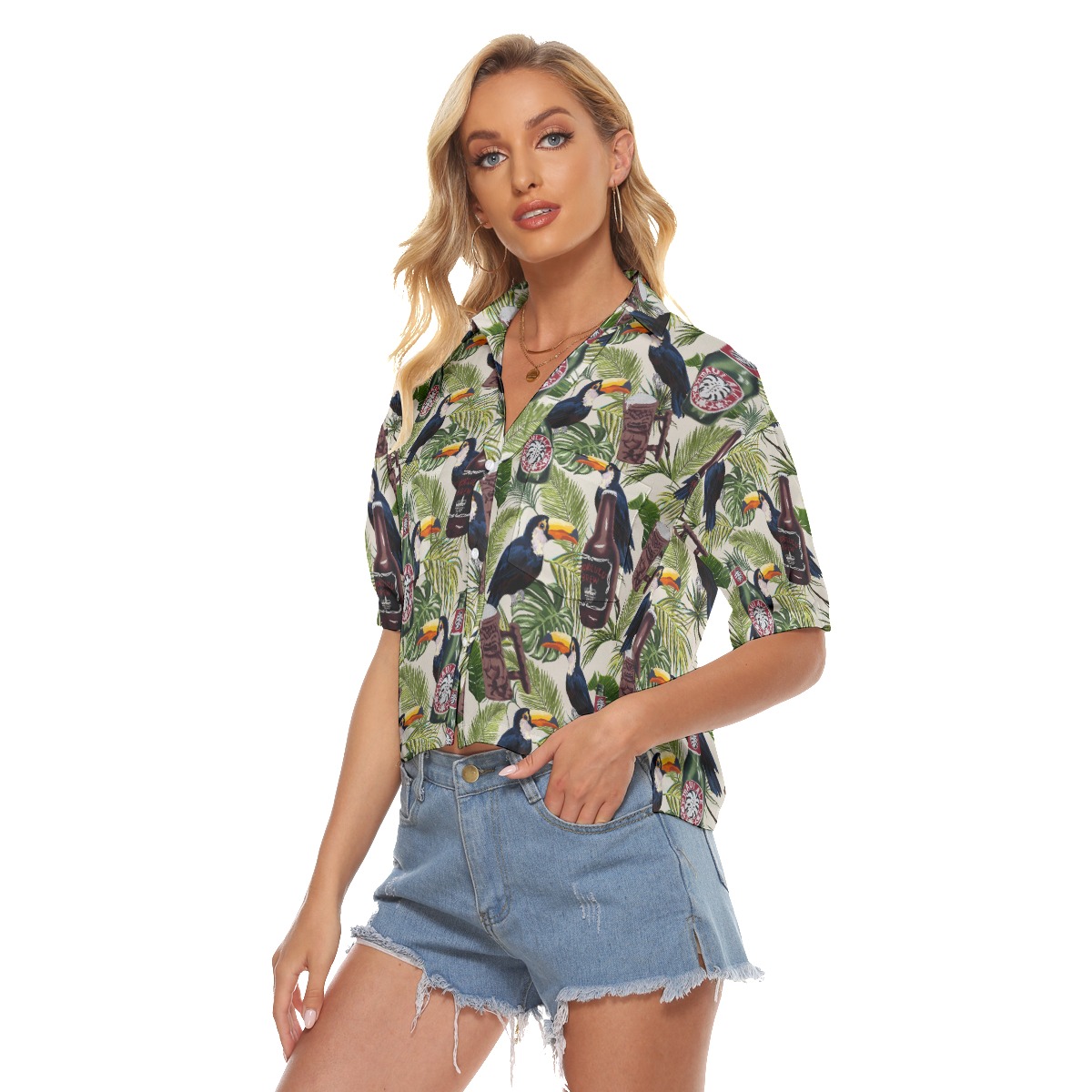 Tropical Beer Toucan Vintage Hawaiian Cropped Shirt For Women