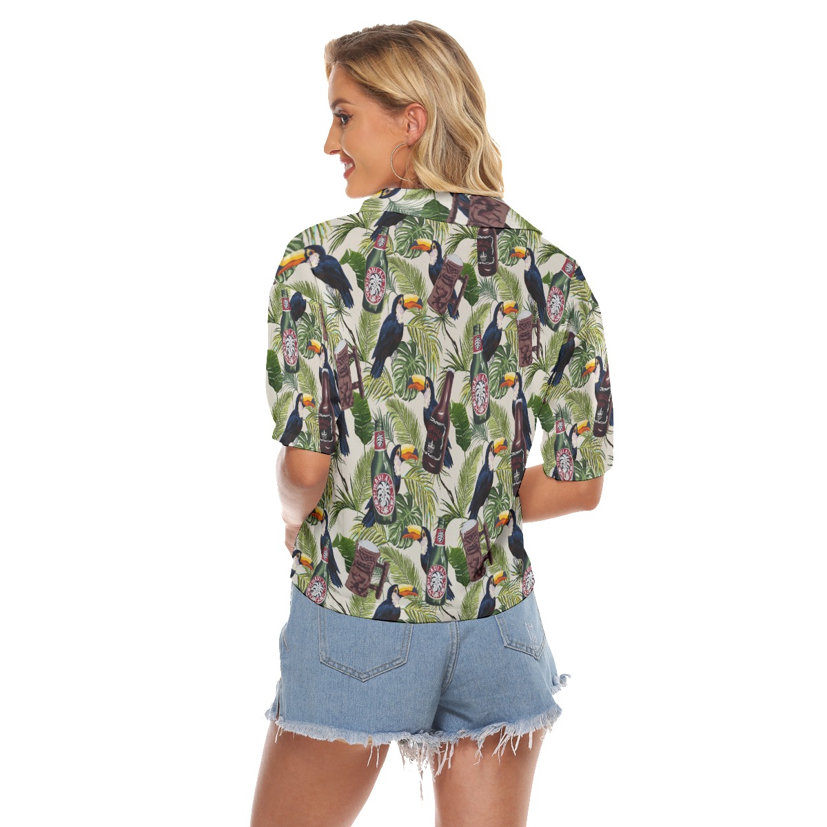 Tropical Beer Toucan Vintage Hawaiian Cropped Shirt For Women