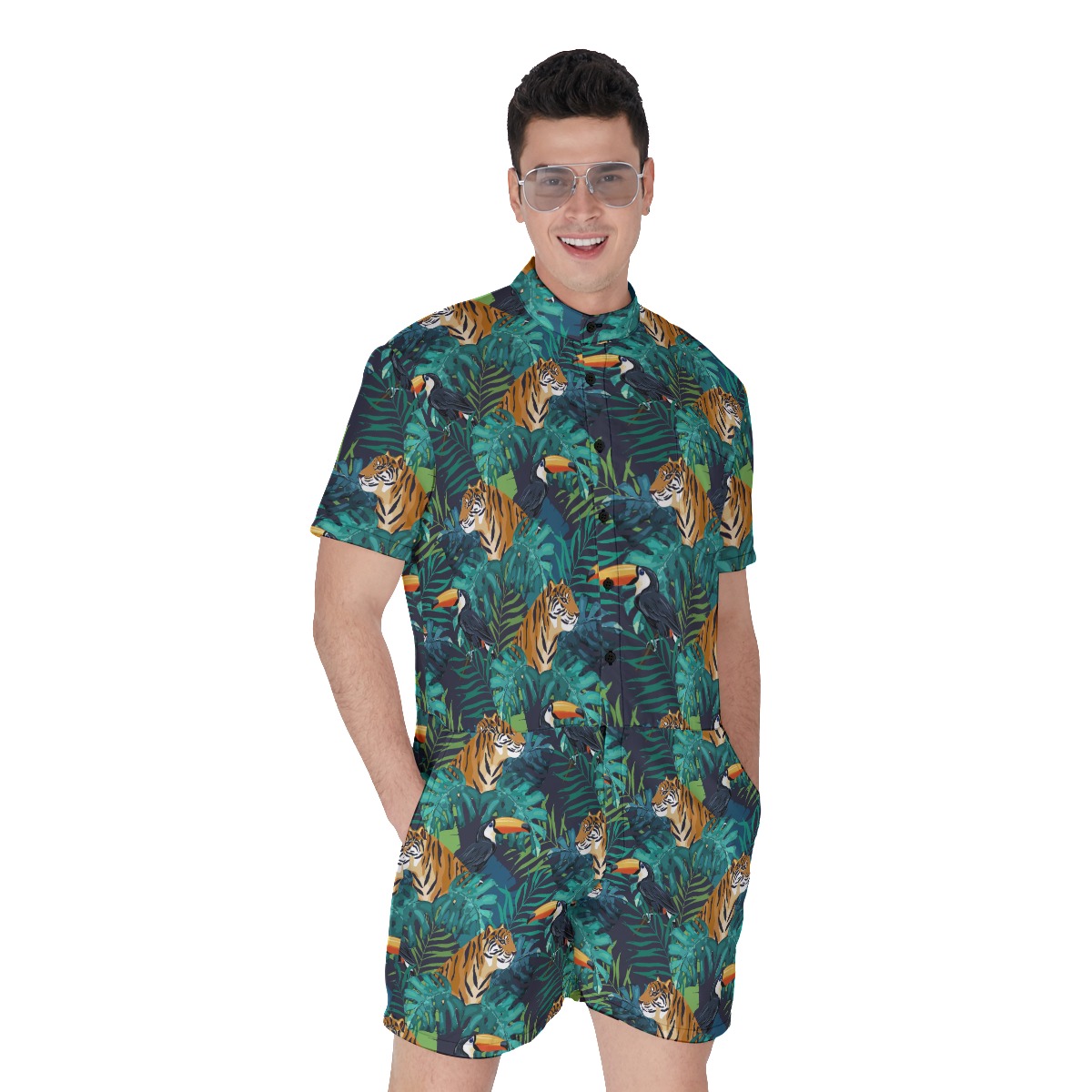Cool Tiger Tropical Toucan Hawaiian Romper For Men - variant image 1
