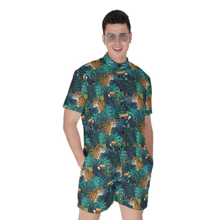 Cool Tiger Tropical Toucan Hawaiian Romper For Men