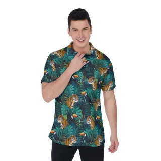 Tropical Tiger Toucan Green Hawaiian Polo Shirt For Men