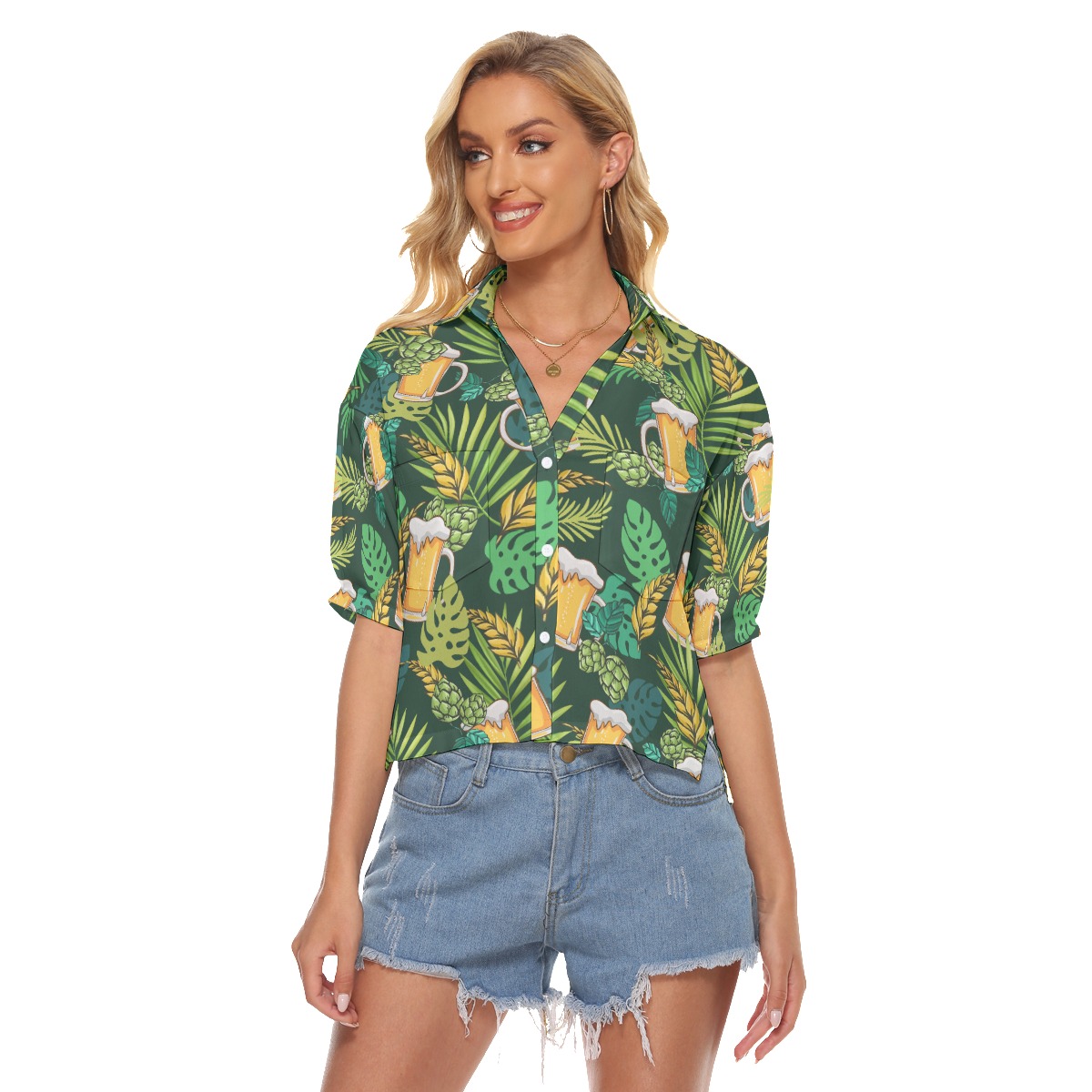 Tropical Beer Hawaiian V-Neck Shirt For Women - variant image 1