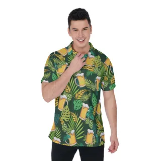 Beer Lover Green Tropical Hawaiian Polo Shirt For Men