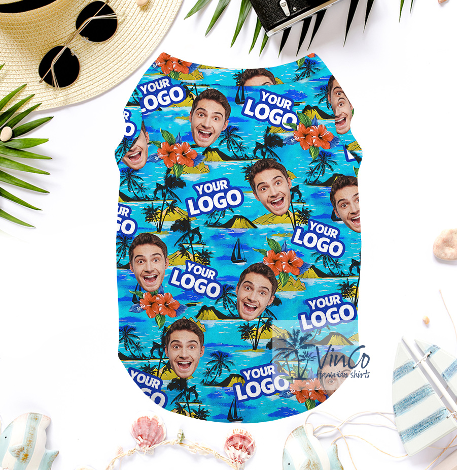 Blue Custom Face And Logo Tropical Dog's Hawaiian Tank Top
