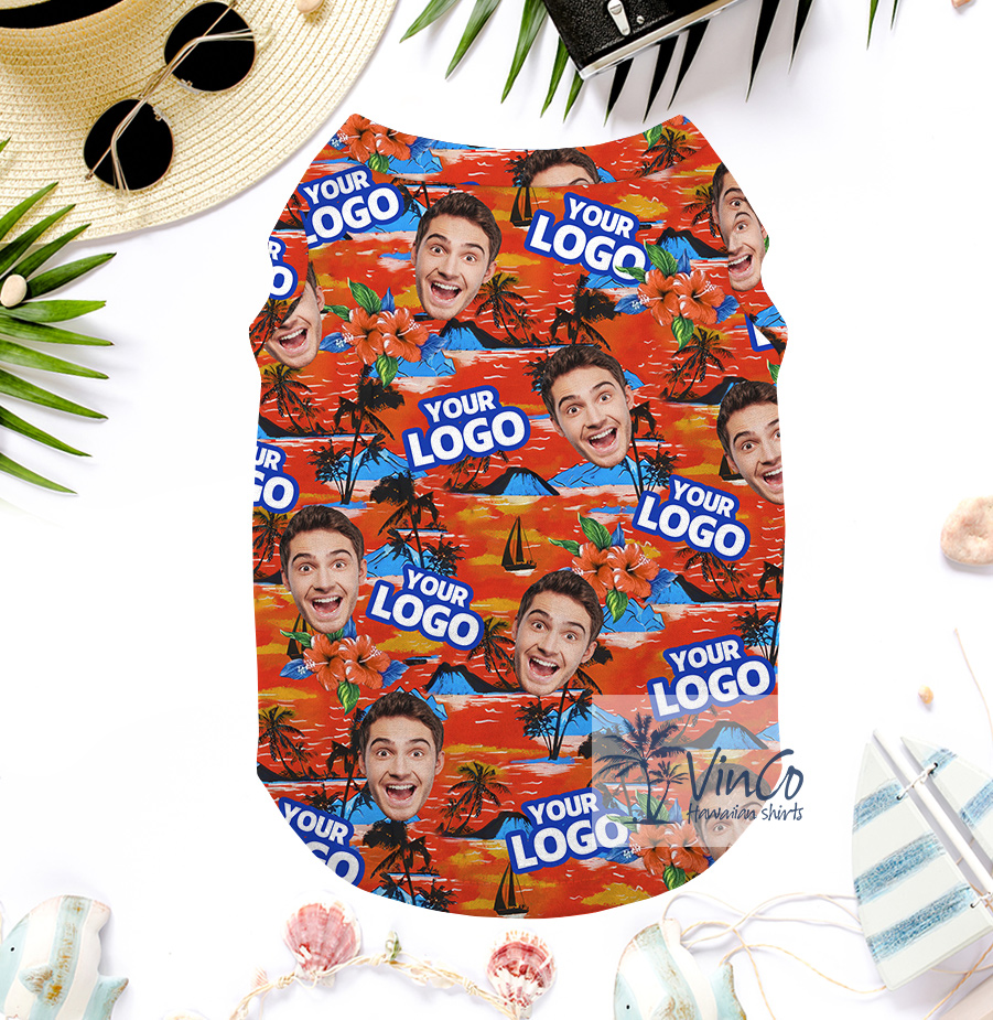 Custom Face And Logo Tropical Orange Hawaiian Tank Top For Dog