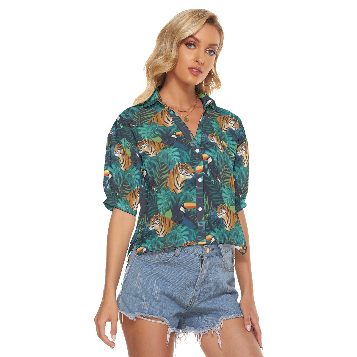 Tropical Tiger Toucan Hawaiian Crop Top Shirt For Women