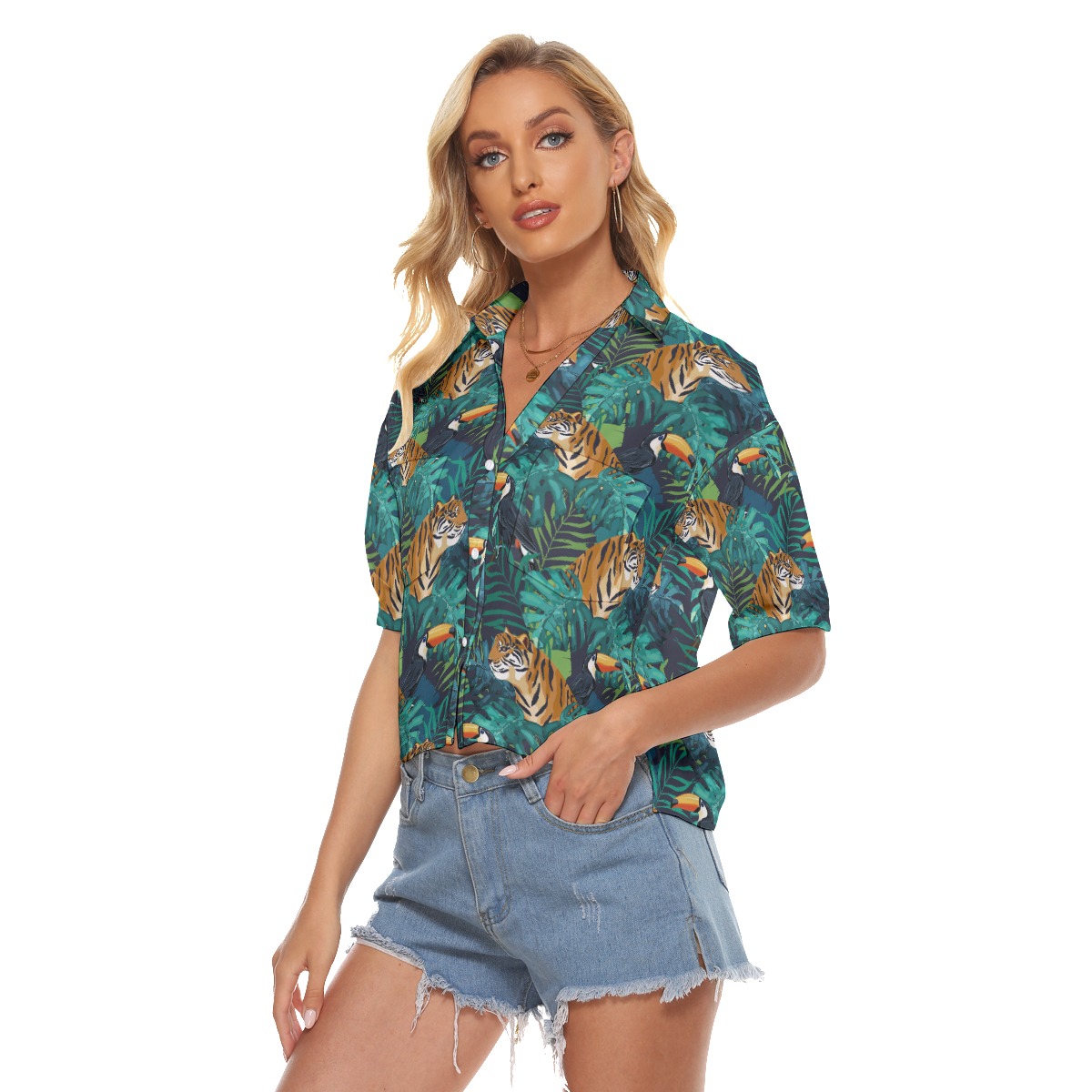 Tropical Tiger Toucan Hawaiian Crop Top Shirt For Women