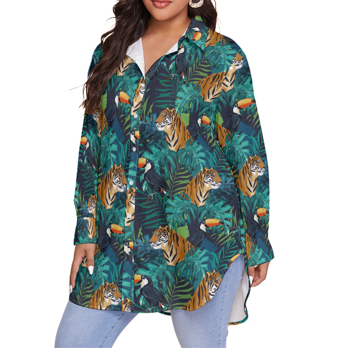 Tiger Toucan Tropical Hawaiian Blouse Shirt For Women