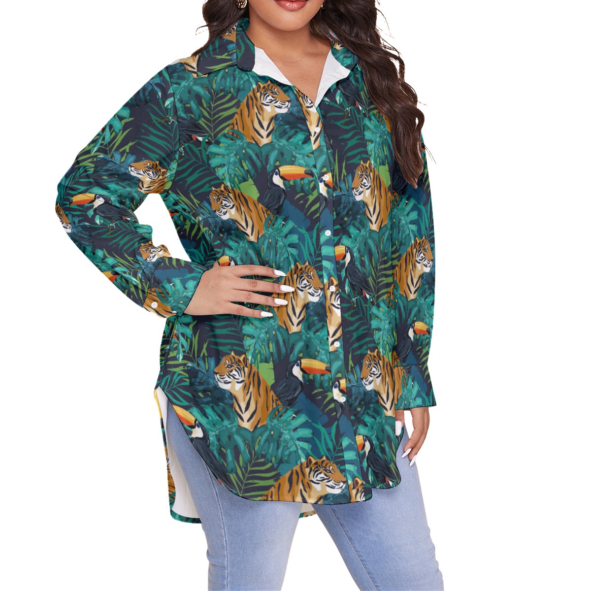 Tiger Toucan Tropical Hawaiian Blouse Shirt For Women