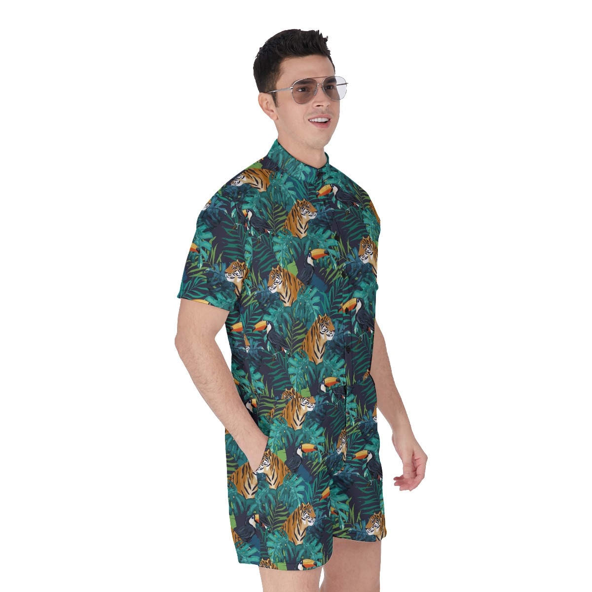 Cool Tiger Tropical Toucan Hawaiian Romper For Men