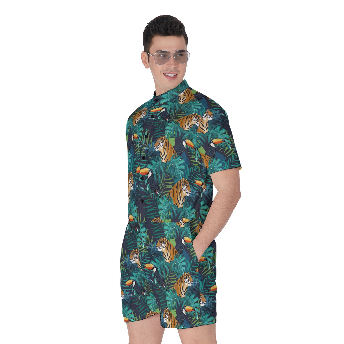 Cool Tiger Tropical Toucan Hawaiian Romper For Men