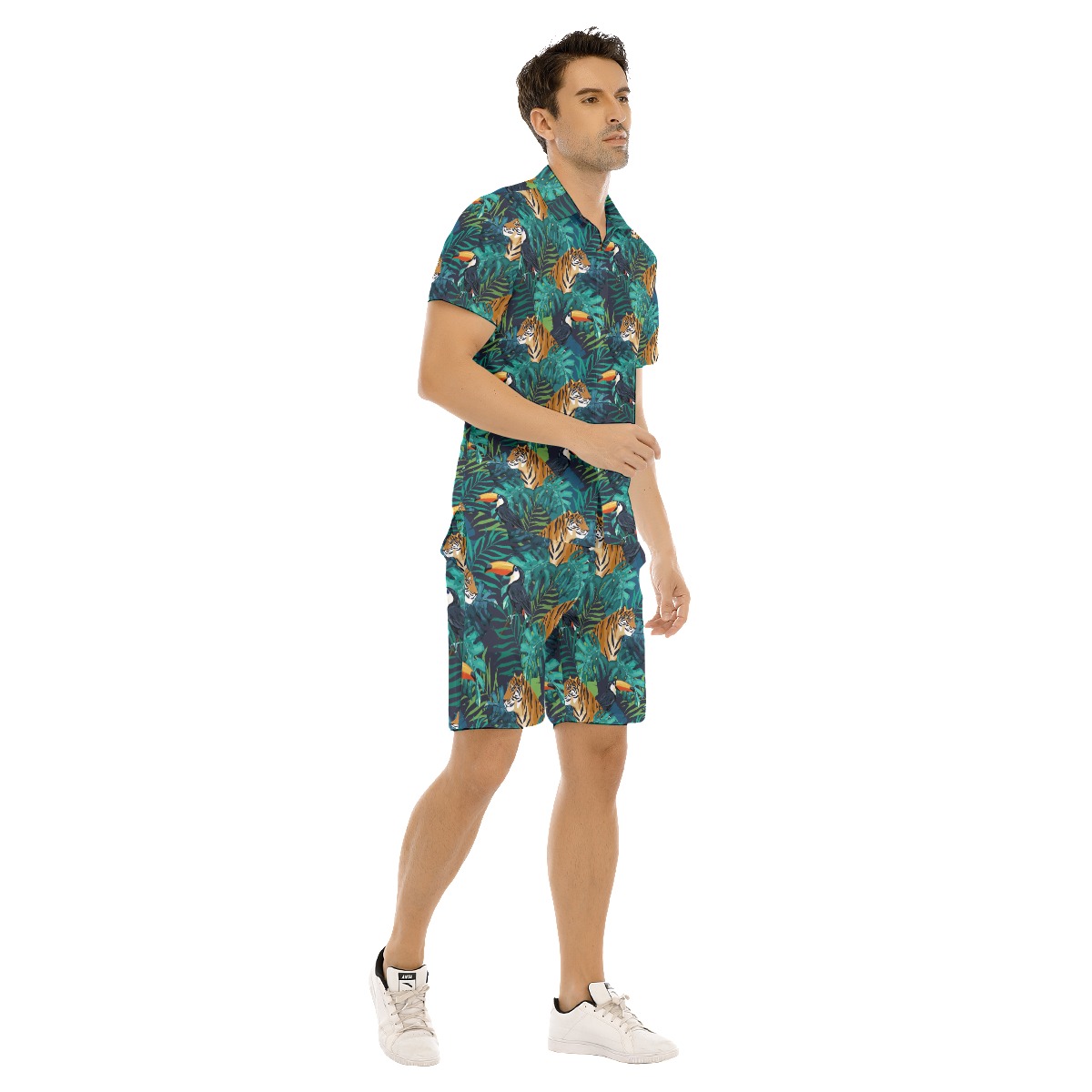 Set Tiger Tropical Hawaiian Shirt And Matching Shorts For Men