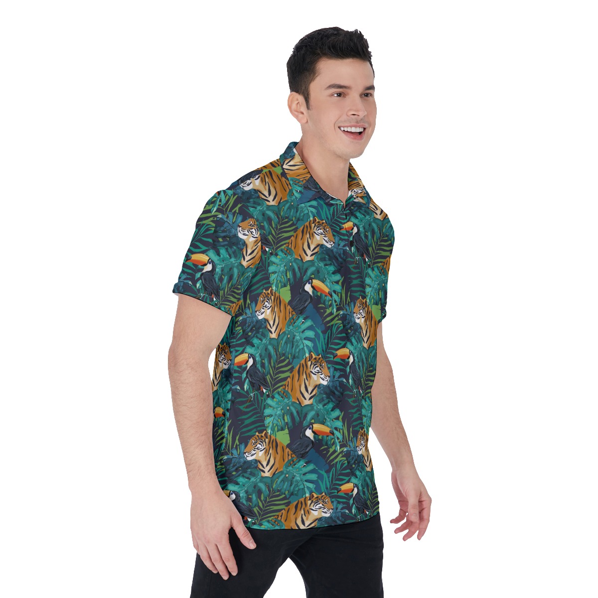 Tropical Tiger Toucan Green Hawaiian Polo Shirt For Men