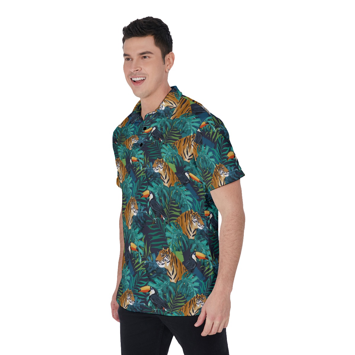 Tropical Tiger Toucan Green Hawaiian Polo Shirt For Men