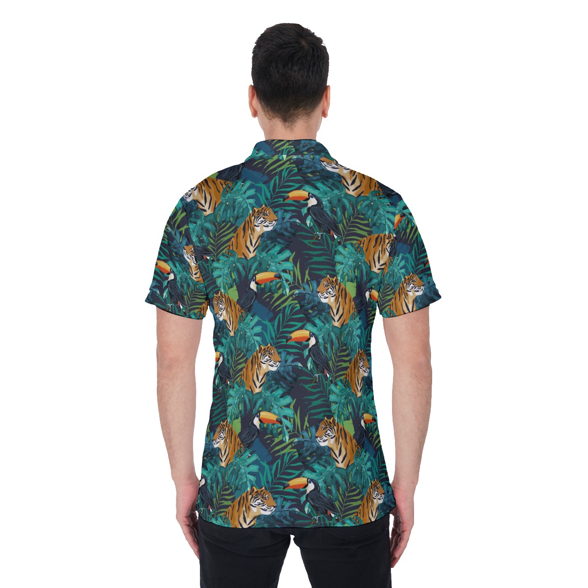 Tropical Tiger Toucan Green Hawaiian Polo Shirt For Men
