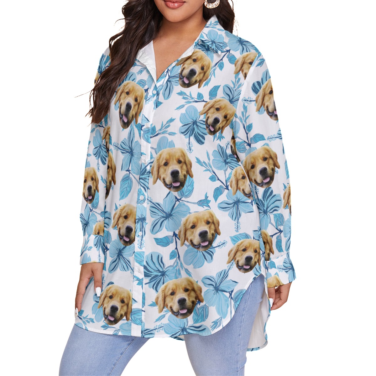 Tropical Custom Plus Size Hawaiian Shirt With Dog Face For Women