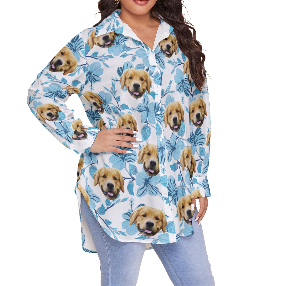 Tropical Custom Plus Size Hawaiian Shirt With Dog Face For Women