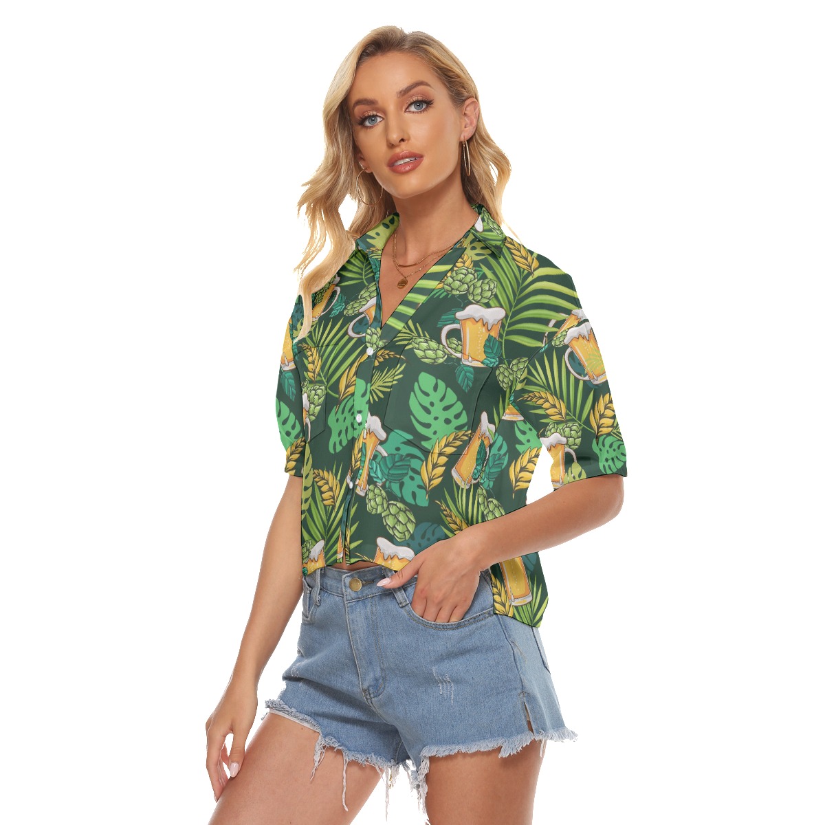 Tropical Beer Hawaiian V-Neck Shirt For Women