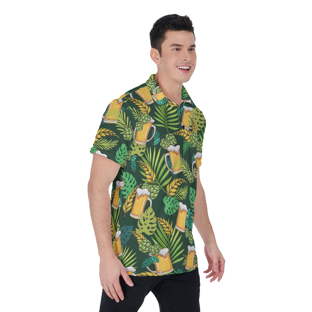 Beer Lover Green Tropical Hawaiian Polo Shirt For Men