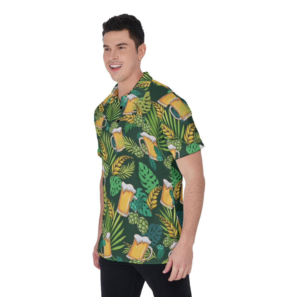 Beer Lover Green Tropical Hawaiian Polo Shirt For Men