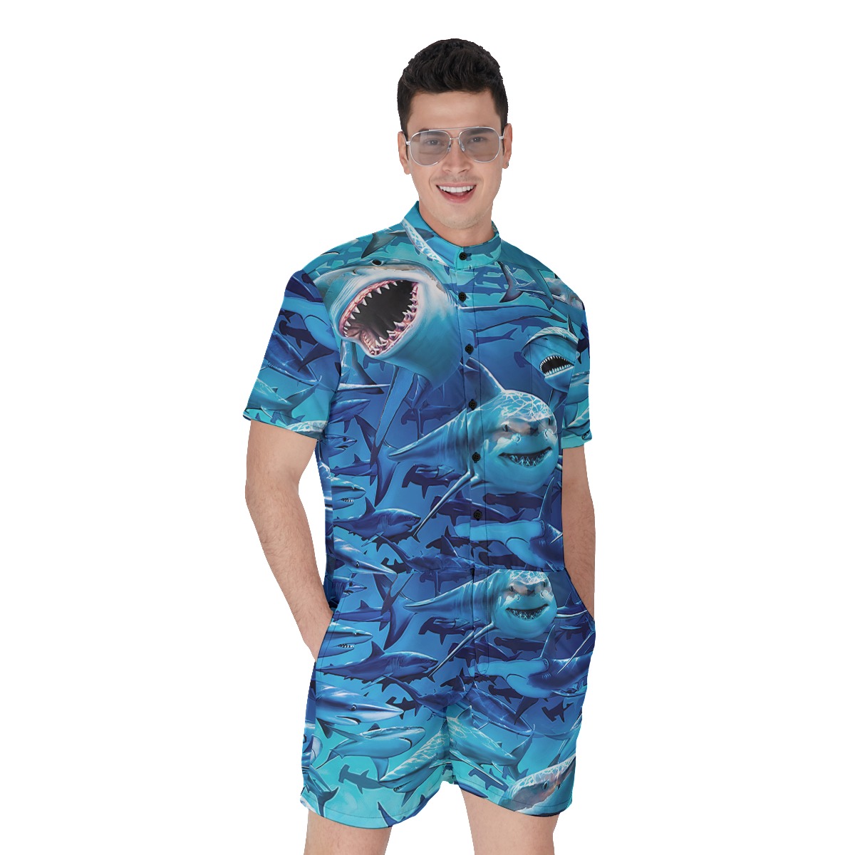 Cool Shark Hawaiian Romper For Men - variant image 1