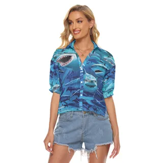 Blue Shark Hawaiian Crop Top Shirt For Women
