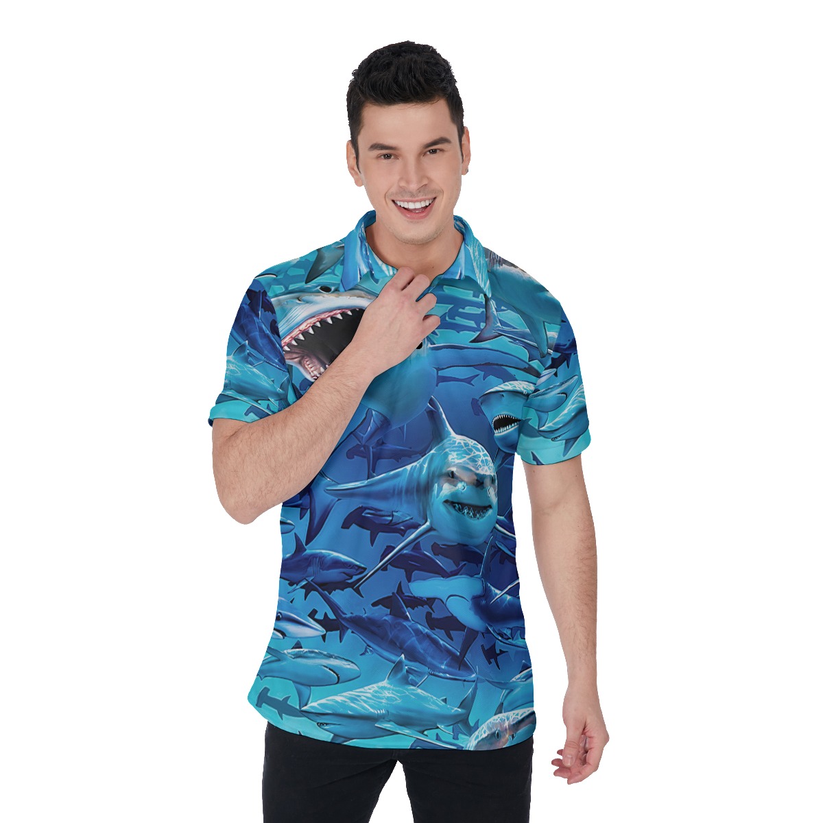 Cool Ocean Shark Blue Hawaiian Polo Shirt For Men - variant image 1